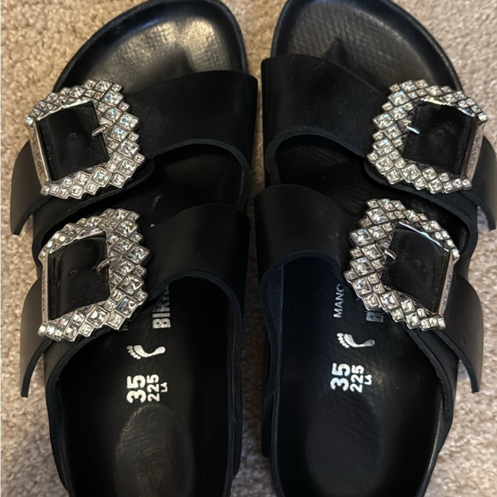 Manolo Blahnik Black Sandals with Silver Buckles